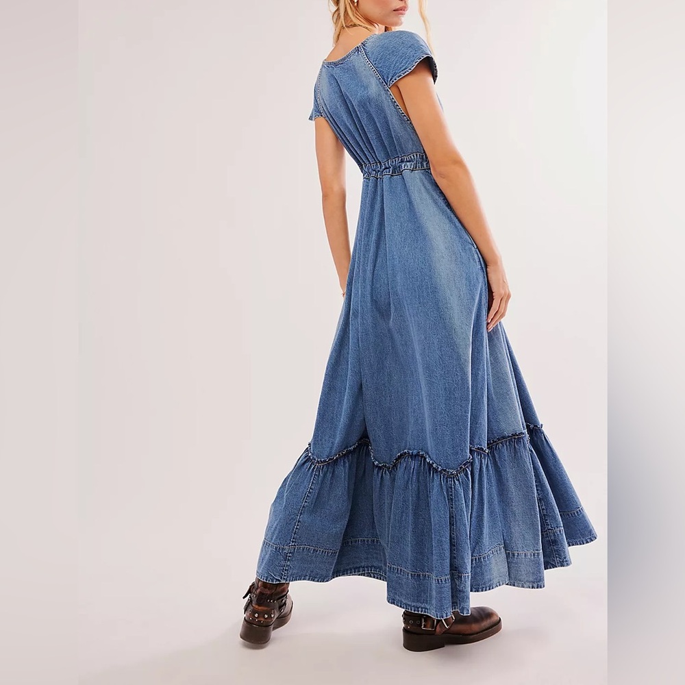 Free People Blue Denim Maxi Dress with Bandana Tie - Picture 2 of 9